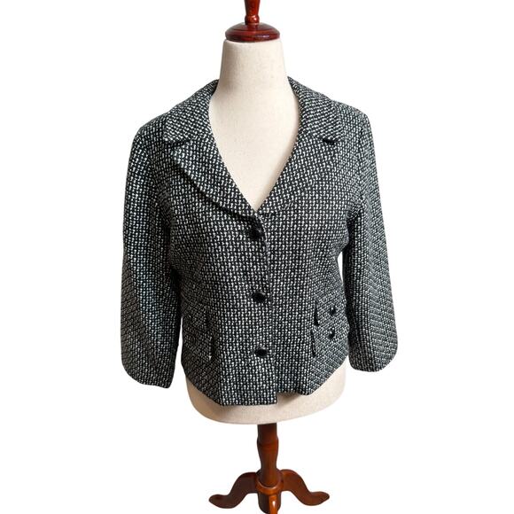 Sandro black & white tweed jacket blazer cropped collared button up lined Sz L - Picture 1 of 9